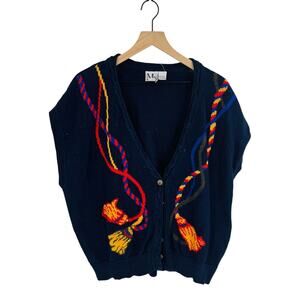 Vintage Ms. Russ Navy Button Front Vest Graphic Rope Knit V-Neck Sweater Size 2X